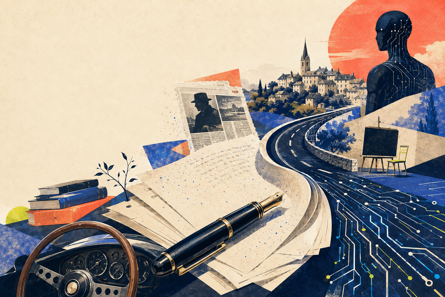 Editorial collage of manuscripts, books, a classic steering wheel, France and artificial intelligence